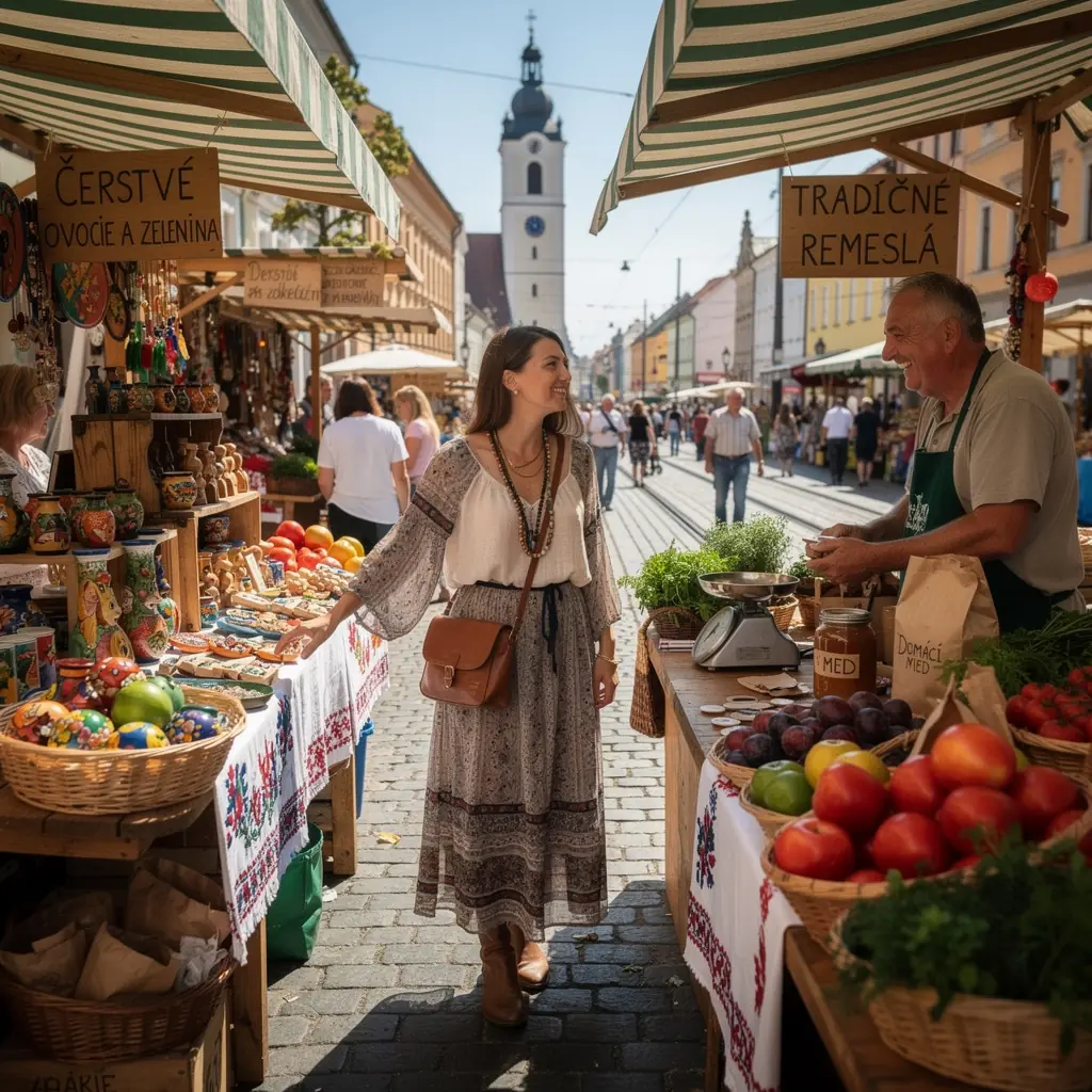 Charming old town square in Bratislava with colorful buildings and a lively atmosphere.