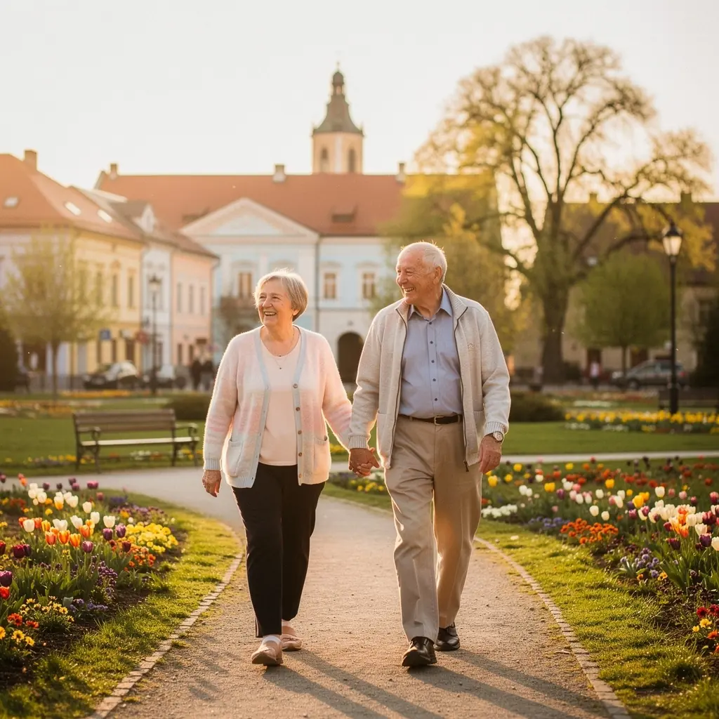 Cozy accommodation with a view of the Danube River at sunset.