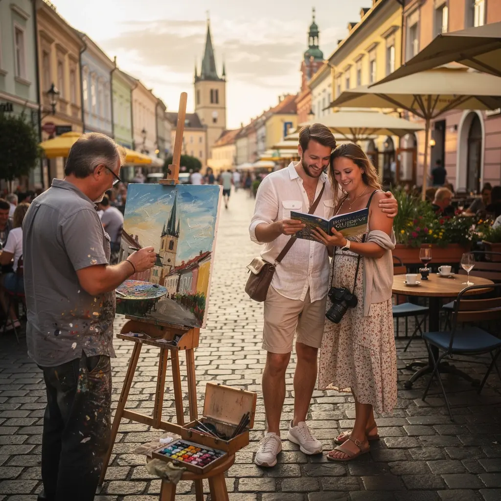 A serene lakeside scene at the Štrbské Pleso, showcasing visitors enjoying a peaceful afternoon amidst breathtaking scenery.